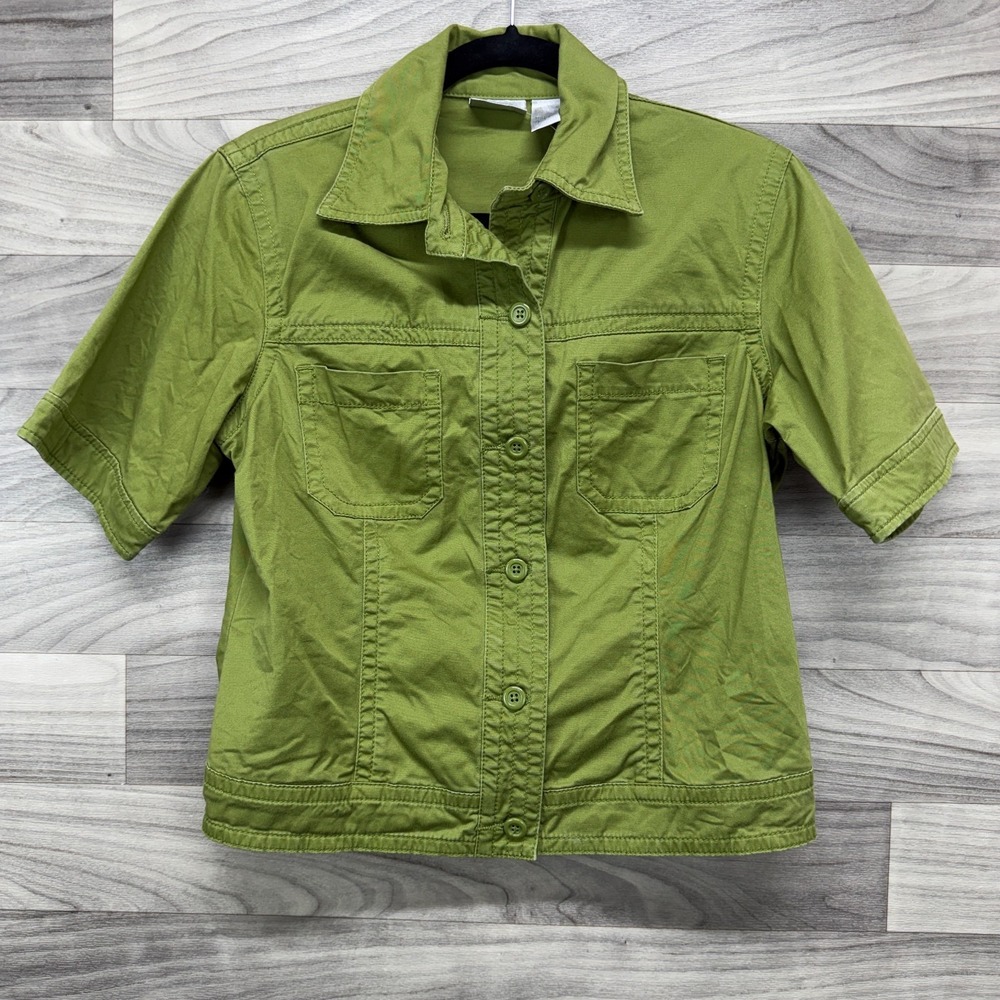 Chico's Shirt Women Small 0 Green Cotton Short Sleeve Utility Collared Button-Up